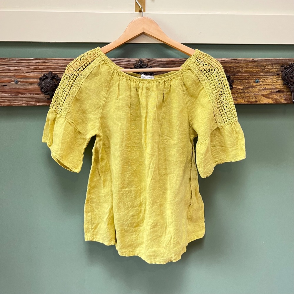 Terzo Millennio Italy Chartreuse Linen Crochet Lace Bell Sleeve Peasant Top S